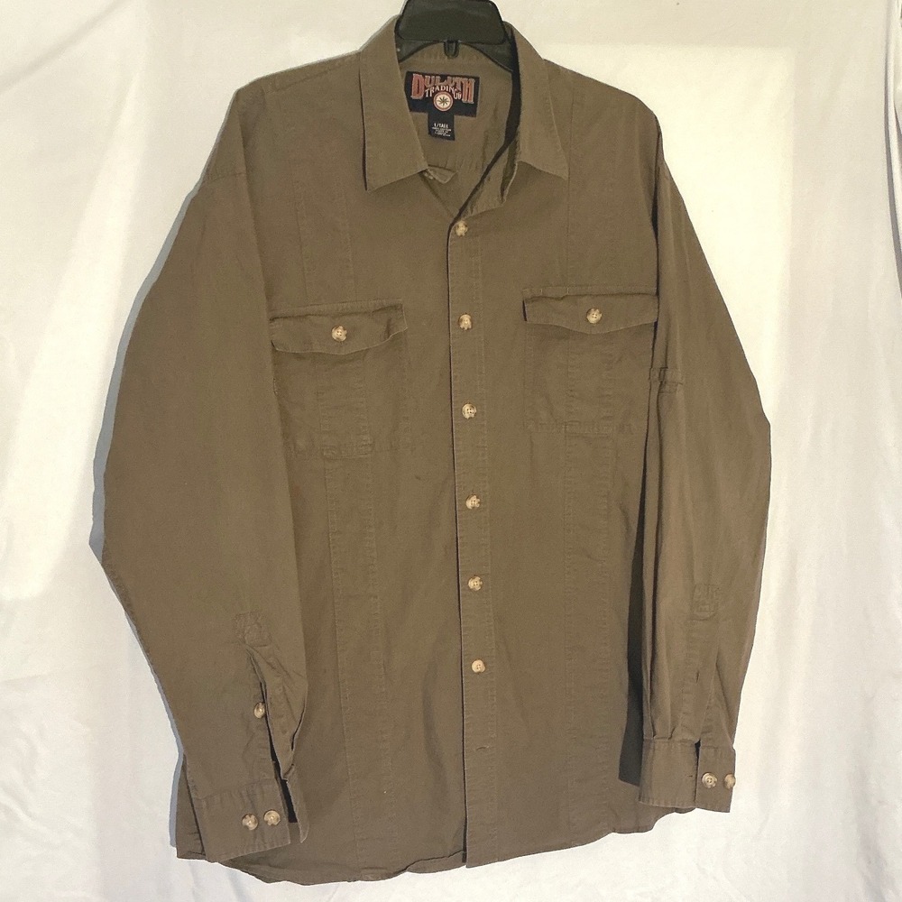 Duluth Trading Co Mens Large Tall Olive Drab Cotton Roll Tab Utility Work Shirt